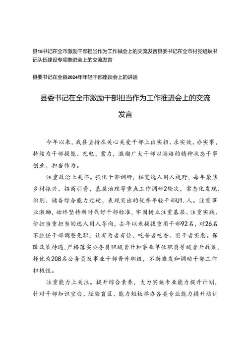 2024年县委书记在全市激励干部担当作为工作推进会、党组织书记队伍建设专项推进会、年轻干部座谈会上的交流发言.docx