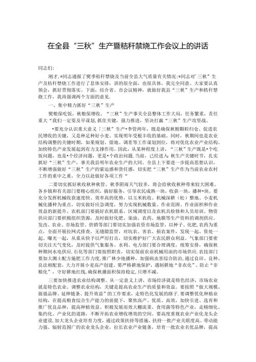 在全县“三”生产暨秸秆禁烧工作会议上的讲话.docx