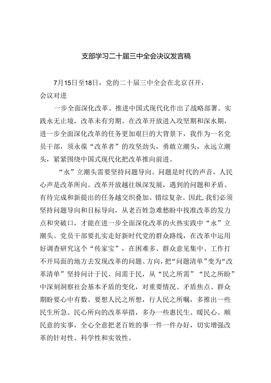 （8篇）支部学习二十三中全会决议发言稿范文.docx_第1页