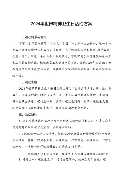 (12篇)2024年卫生院开展世界精神卫生日宣传活动方案.docx