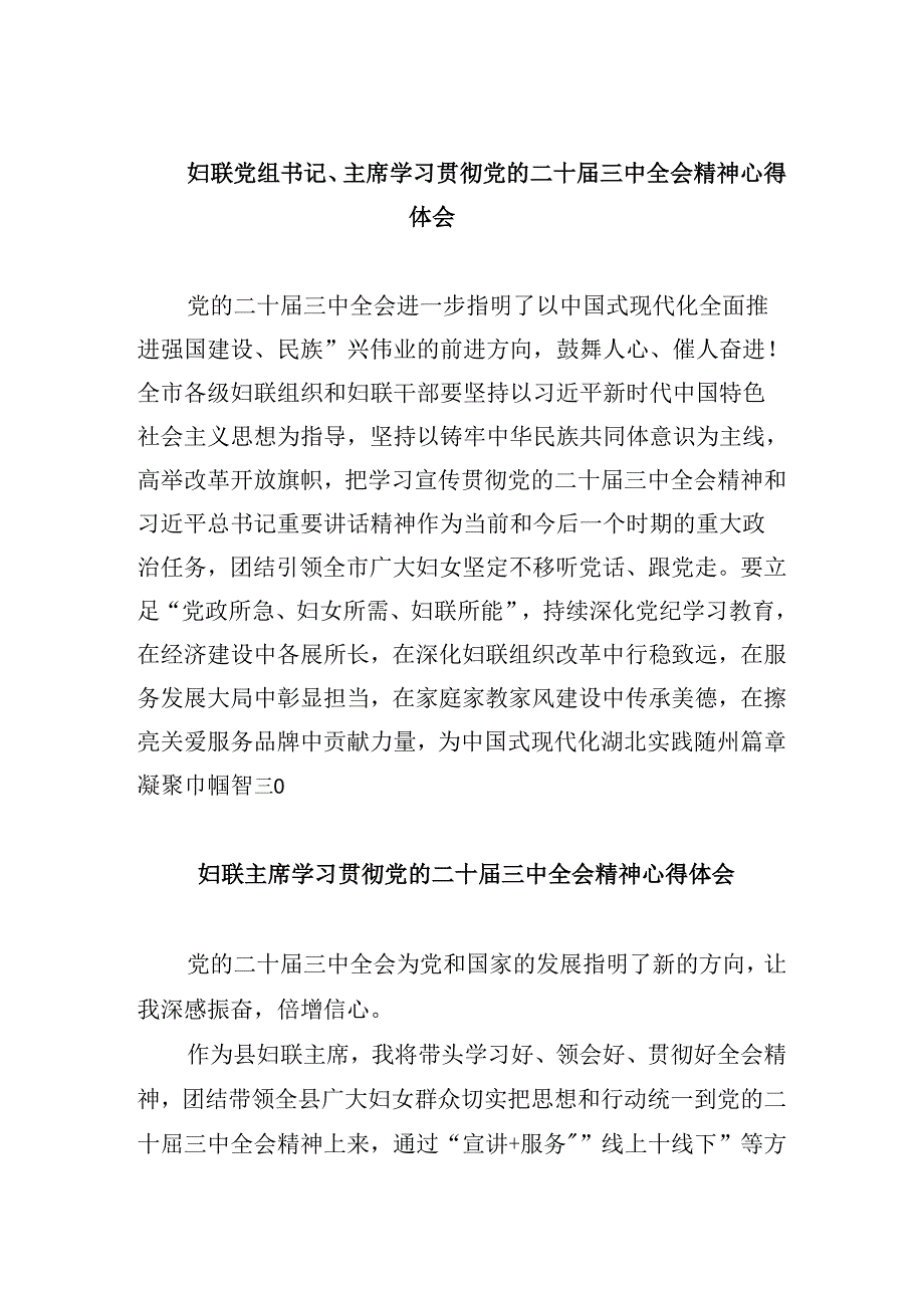 妇联党组书记、主席学习贯彻党的二十三中全会精神心得体会8篇（精选）.docx_第1页