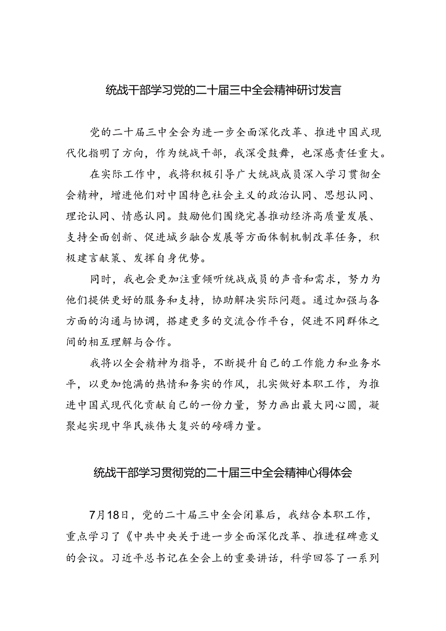 （9篇）统战干部学习党的二十三中全会精神研讨发言（最新版）.docx_第1页