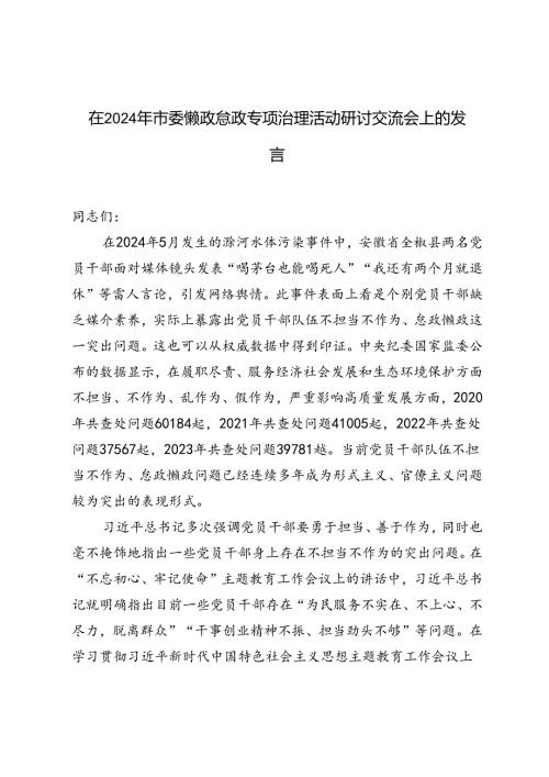 2篇范文 在2024年市委懒政怠政专项治理活动研讨交流会上的发言.docx