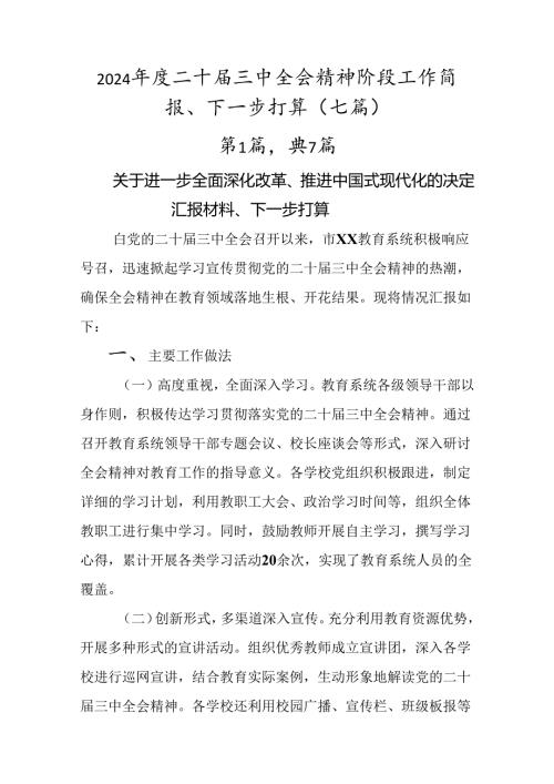2024二十三中全会精神阶段工作简报、下一步打算（七篇）.docx