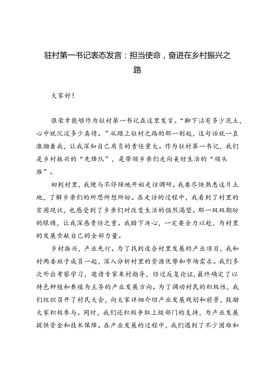 驻村第一书记表态发言、驻村第一书记个人述职报告.docx_第1页