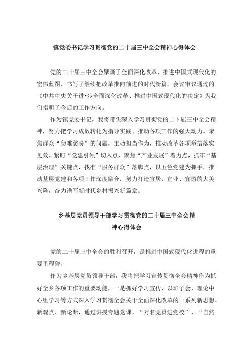 镇党委书记学习贯彻党的二十三中全会精神心得体会范本5篇供参考.docx