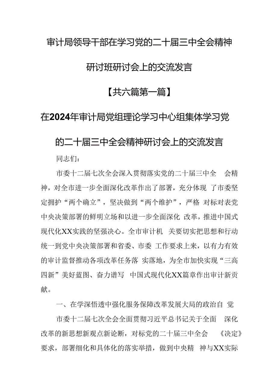（6篇）审计局领导干部在学习党的二十三中全会精神研讨班研讨会上的交流发言.docx_第1页