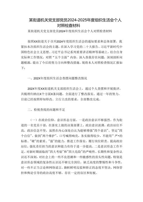 某街道机关党支部党员20242025组织生活会个人对照检查材料.docx