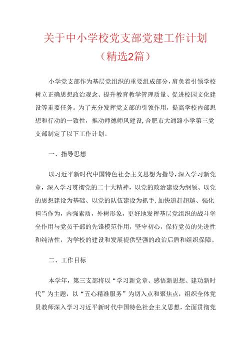 关于中小学校党支部党建工作计划（精选2篇）.docx
