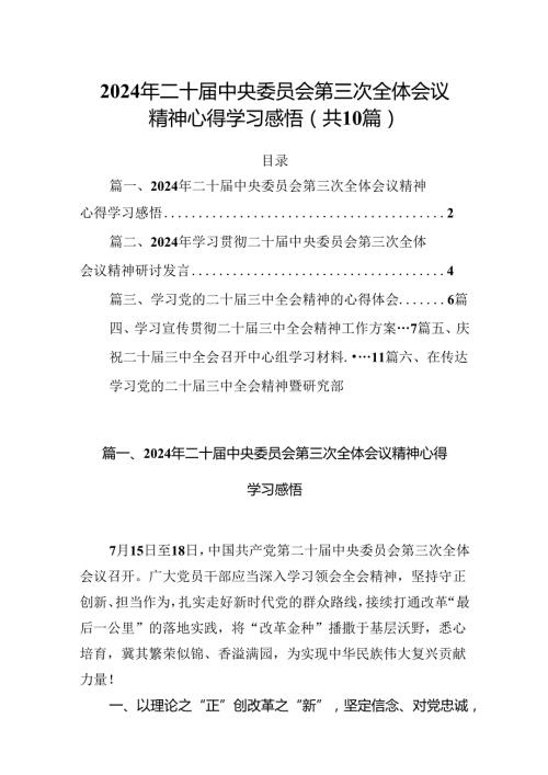 （10篇）2024年二十中央委员会第三次全体会议精神心得学习感悟（精选版）.docx