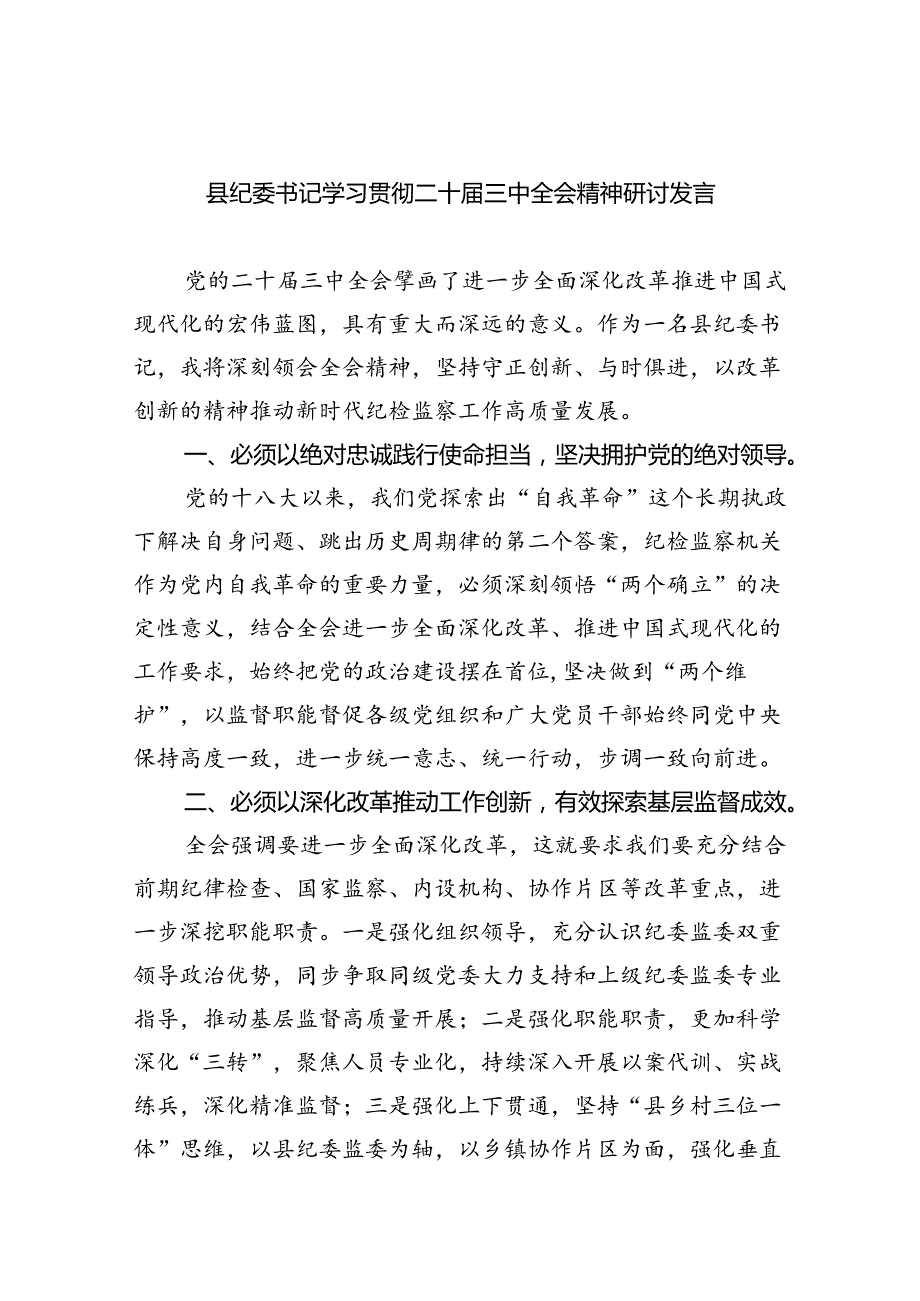（9篇）县纪委书记学习贯彻二十三中全会精神研讨发言（详细版）.docx_第1页
