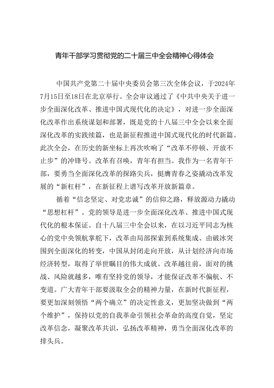 青年干部学习贯彻党的二十三中全会精神心得体会（共7篇）.docx_第1页