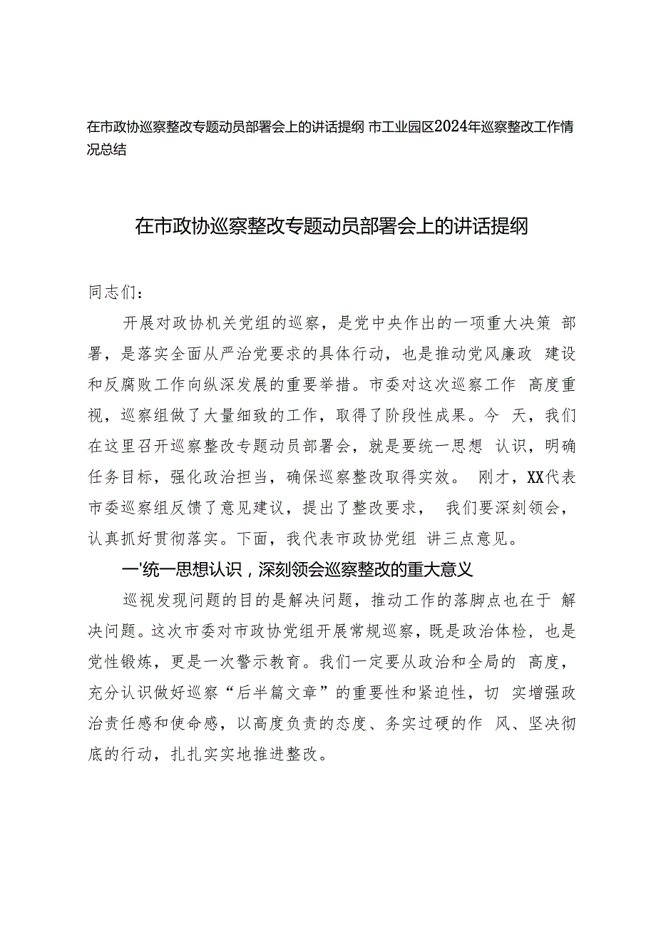 在市政协巡察整改专题动员部署会上的讲话提纲、2024年巡察整改工作情况总结.docx