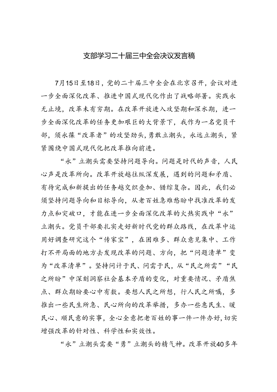 （9篇）支部学习二十三中全会决议发言稿（精选）.docx_第1页