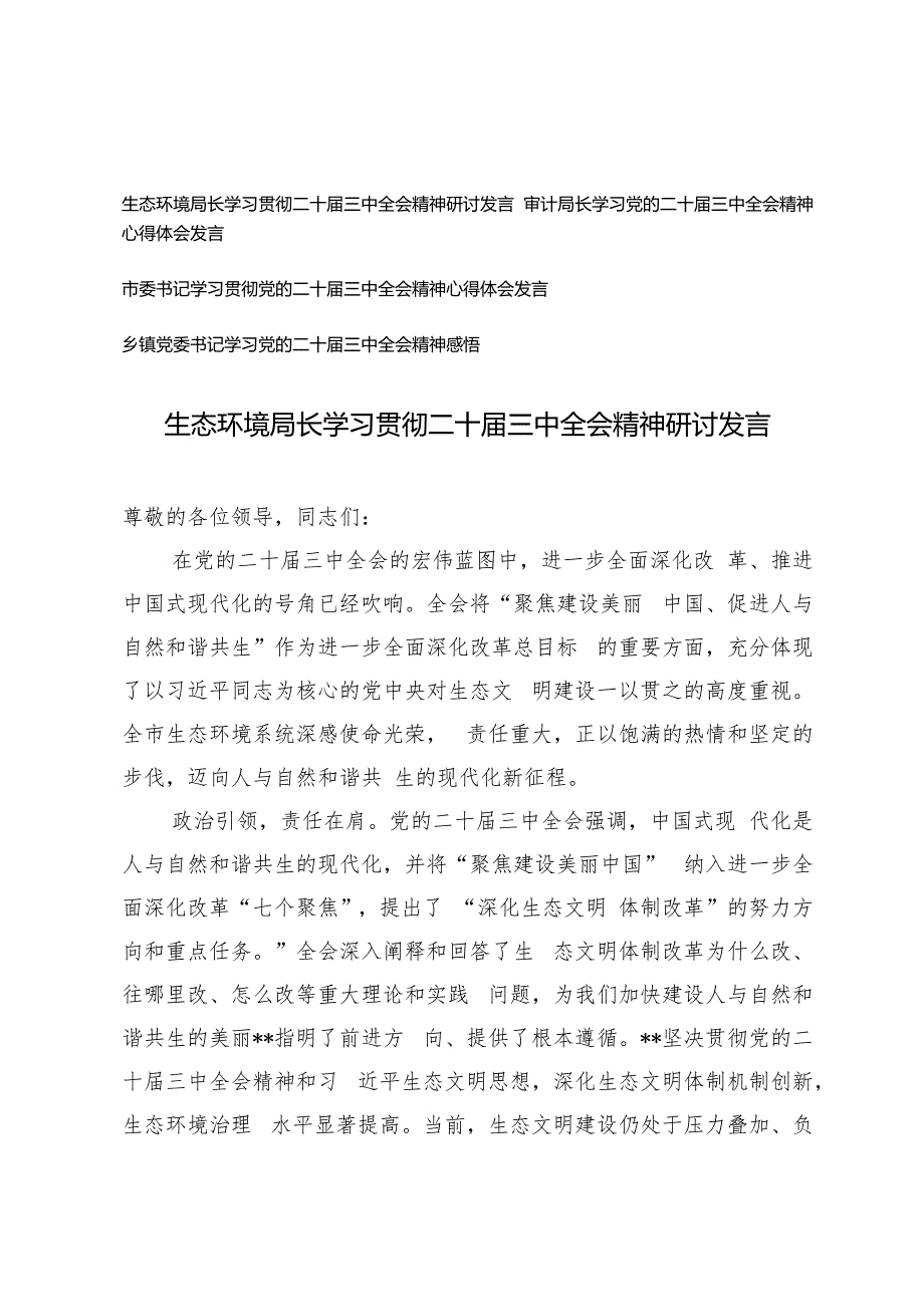 乡镇党委书记、审计局长、市委书记、生态环境局长学习党的二十三中全会精神感悟研讨发言.docx