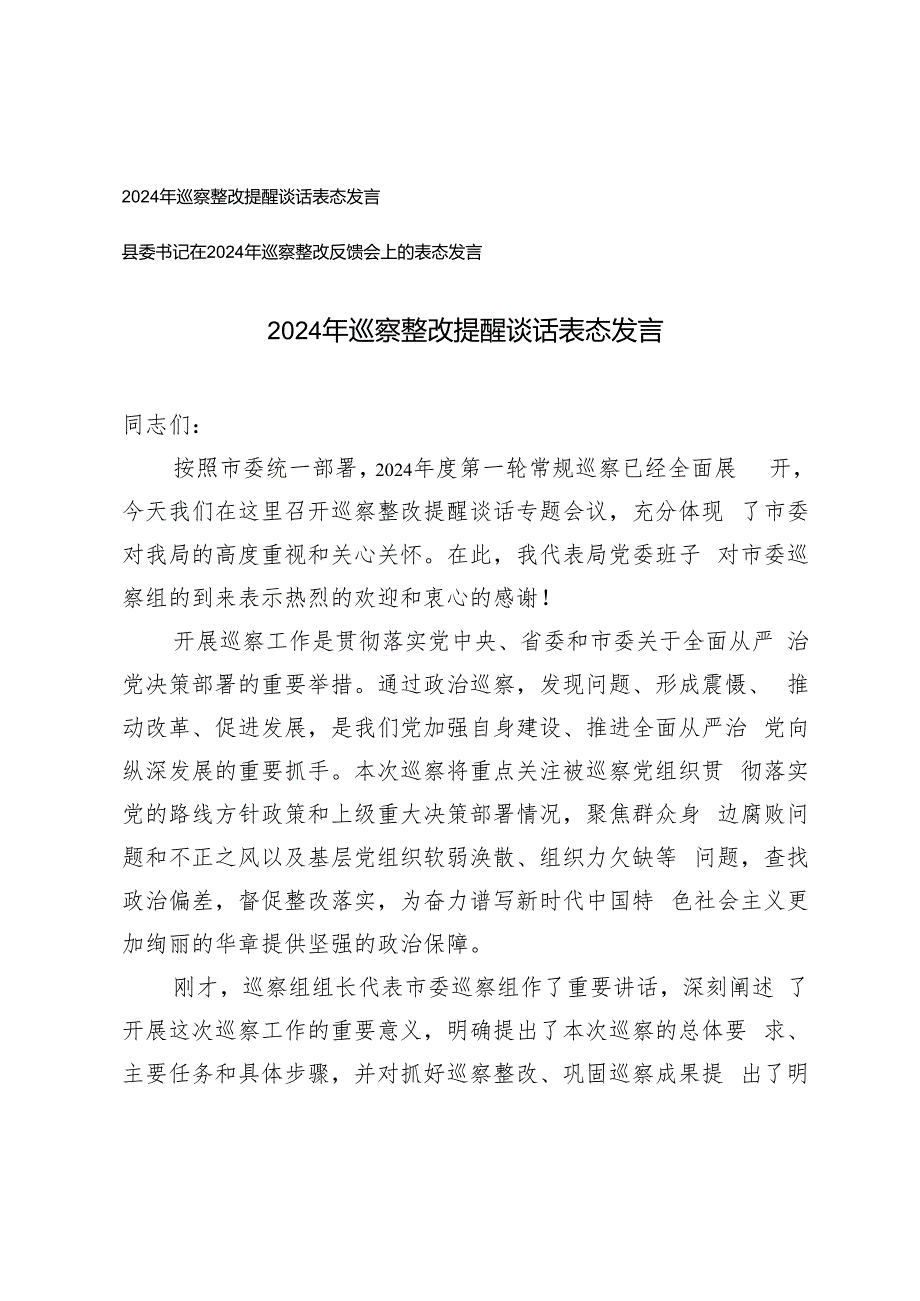 2024年巡察整改提醒谈话表态发言、2024年巡察整改反馈会上的表态发言.docx_第1页