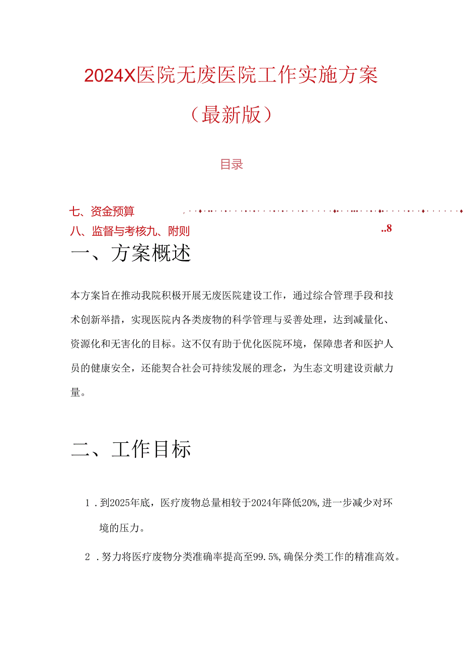 2024 X医院无废医院工作实施方案（最新版）.docx_第1页