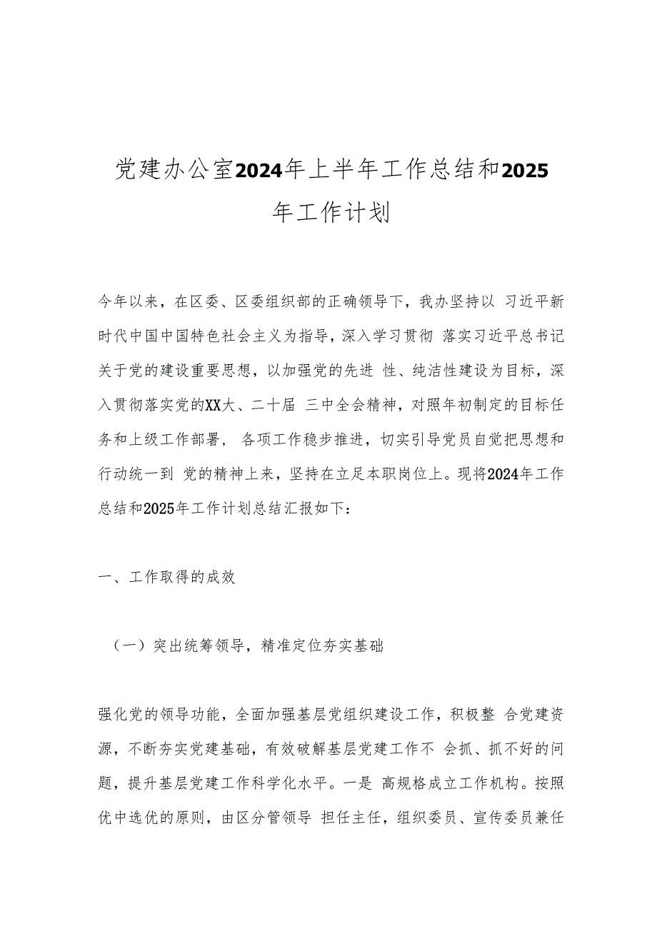 党建办公室2024年上半年工作总结和2025年工作计划.docx_第1页
