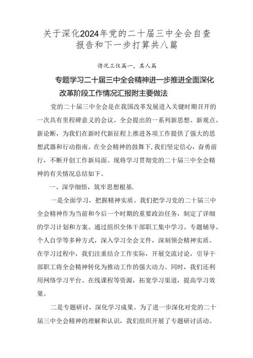 关于深化2024年党的二十三中全会自查报告和下一步打算共八篇.docx