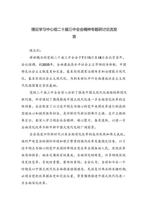 （9篇）理论学习中心组二十三中全会精神专题研讨交流发言样例.docx