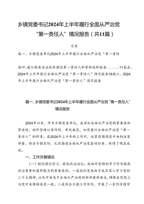 (11篇)乡镇党委书记2024年上半年履行全面从严治党“第一责任人”情况报告范文.docx