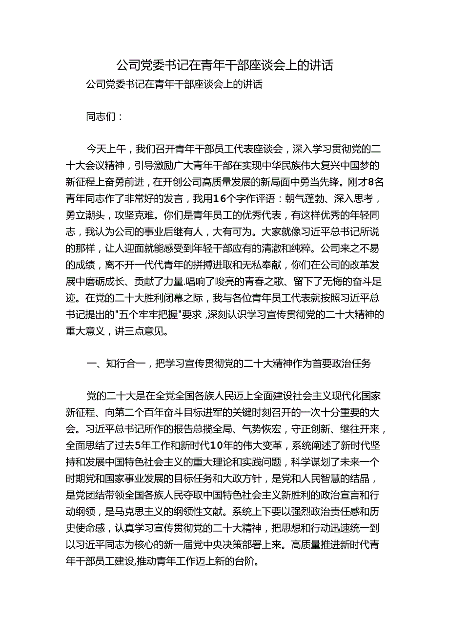 公司党委书记在青年干部座谈会上的讲话.docx_第1页