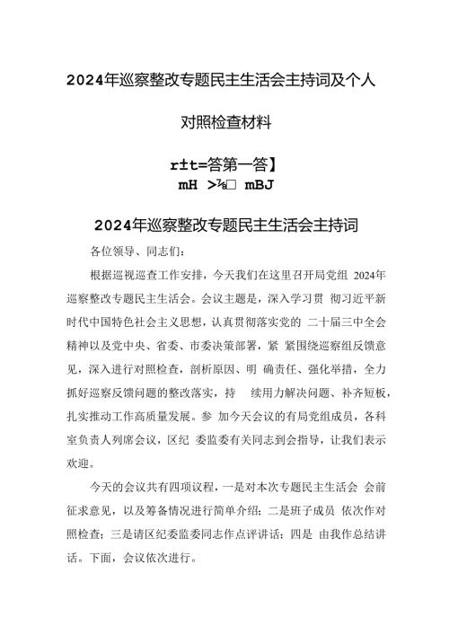 （3篇）2024年巡察整改专题民主生活会主持词及个人对照检查材料.docx