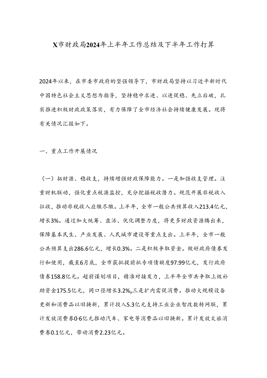 X市财政局2024年上半年工作总结及下半年工作打算.docx_第1页