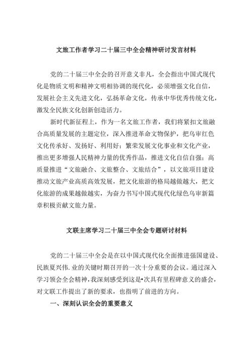 （9篇）文旅工作者学习二十三中全会精神研讨发言材料（详细版）.docx