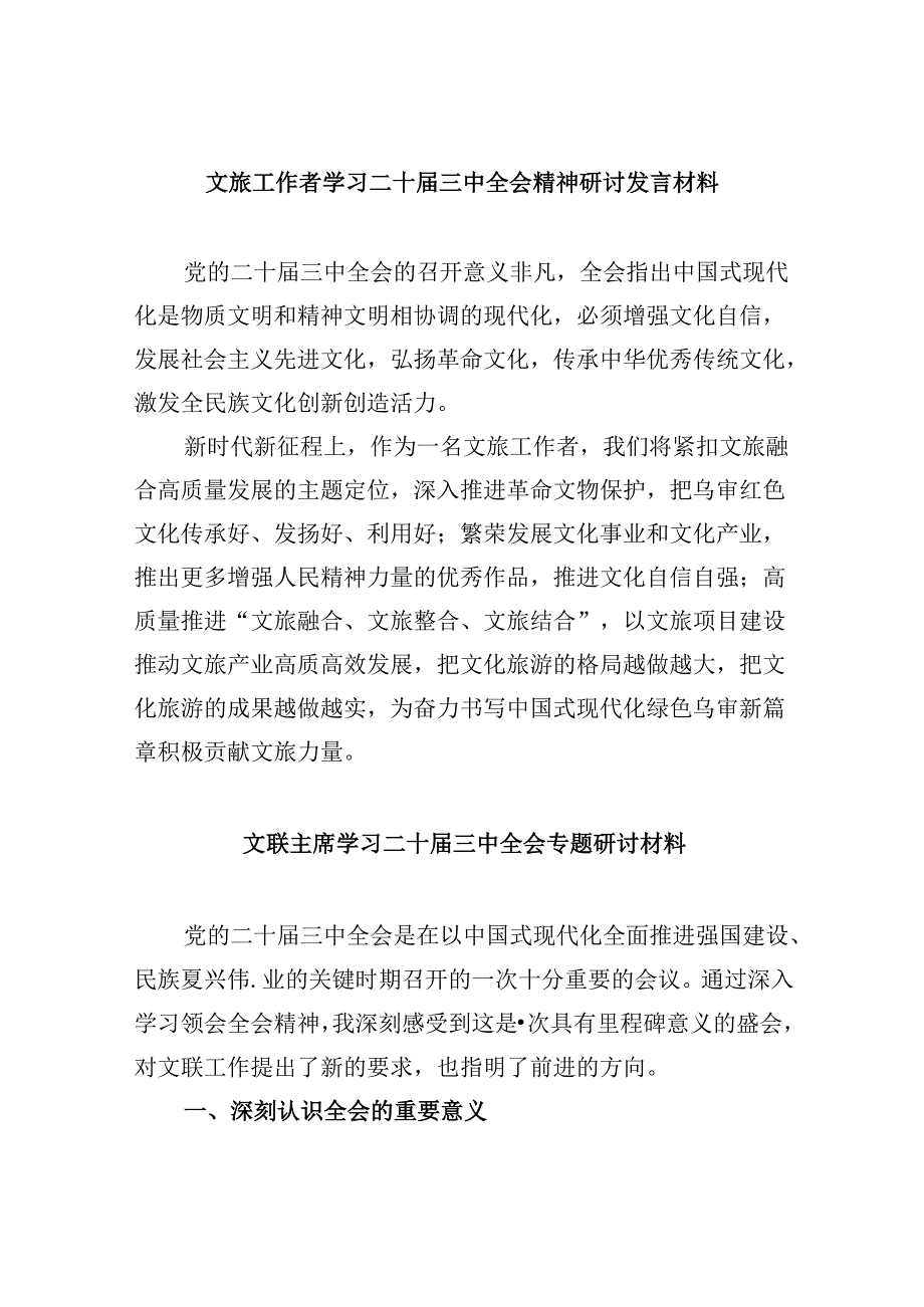 （9篇）文旅工作者学习二十三中全会精神研讨发言材料（详细版）.docx_第1页