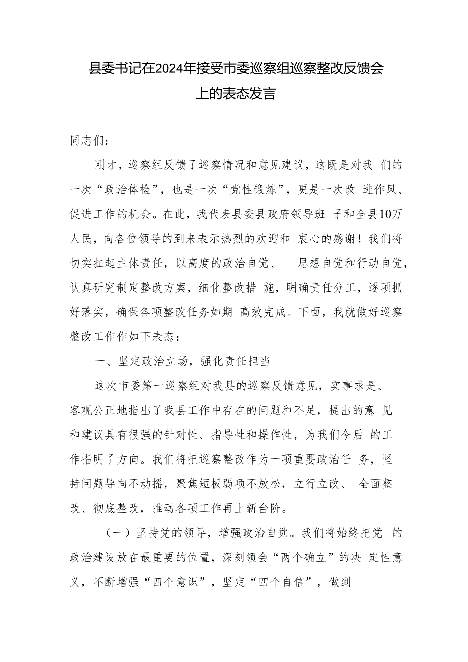 县委书记在2024年接受市委巡察组巡察整改反馈会上的表态发言.docx