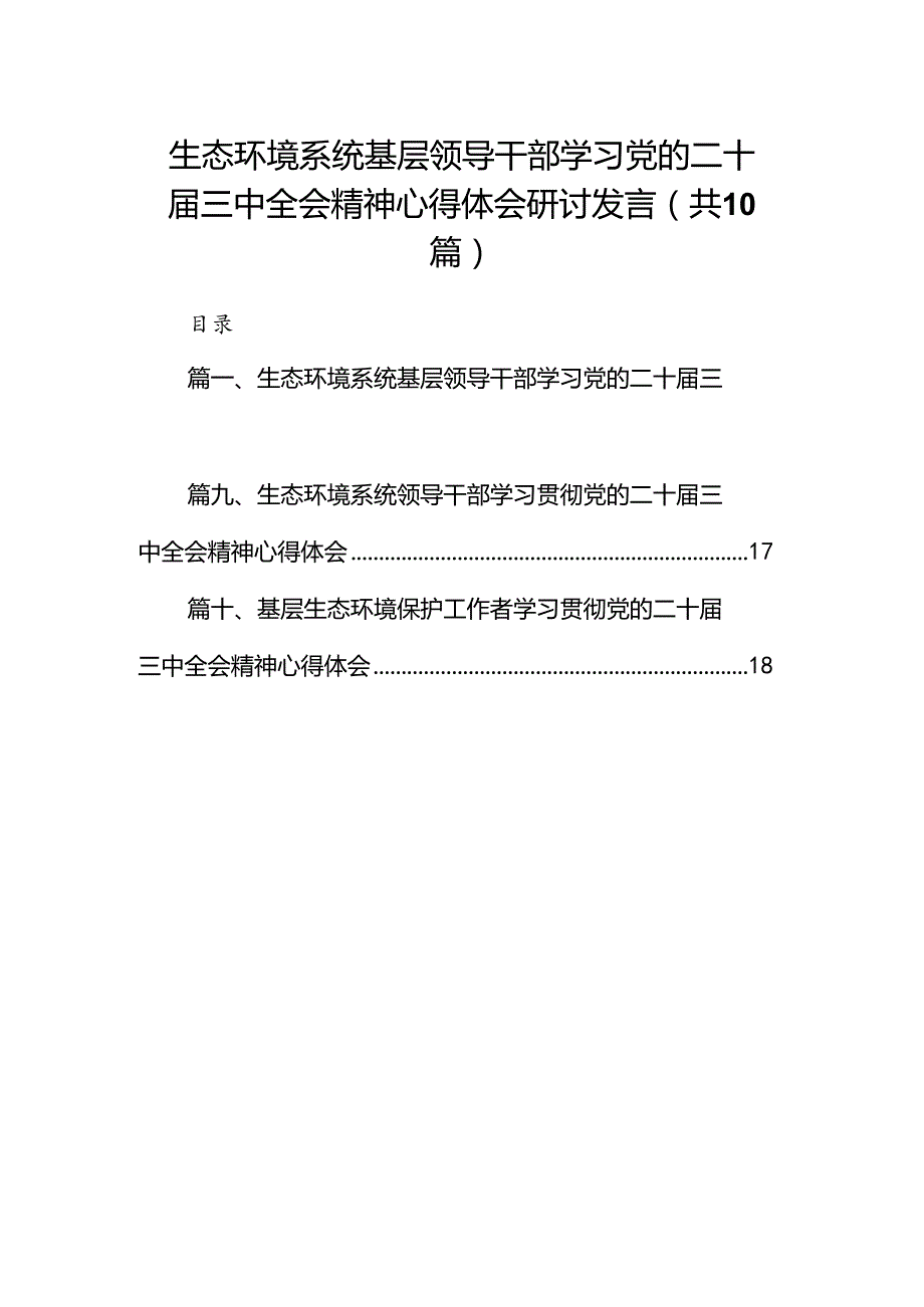 （10篇）生态环境系统基层领导干部学习党的二十三中全会精神心得体会研讨发言范文.docx_第1页