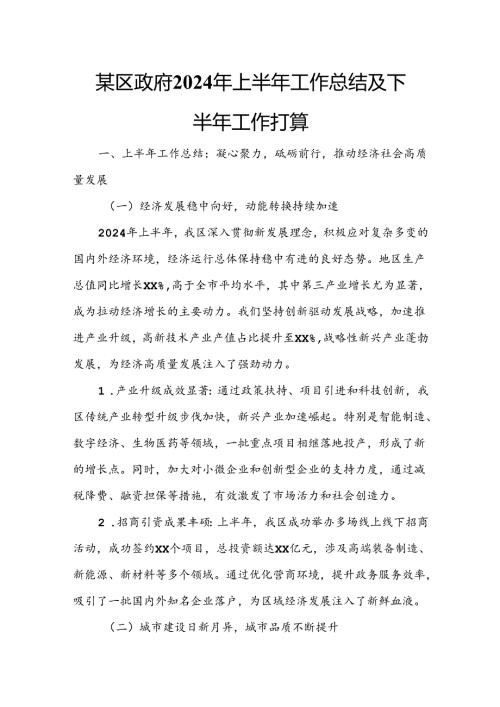 某区政府2024年上半年工作总结及下半年工作打算.docx