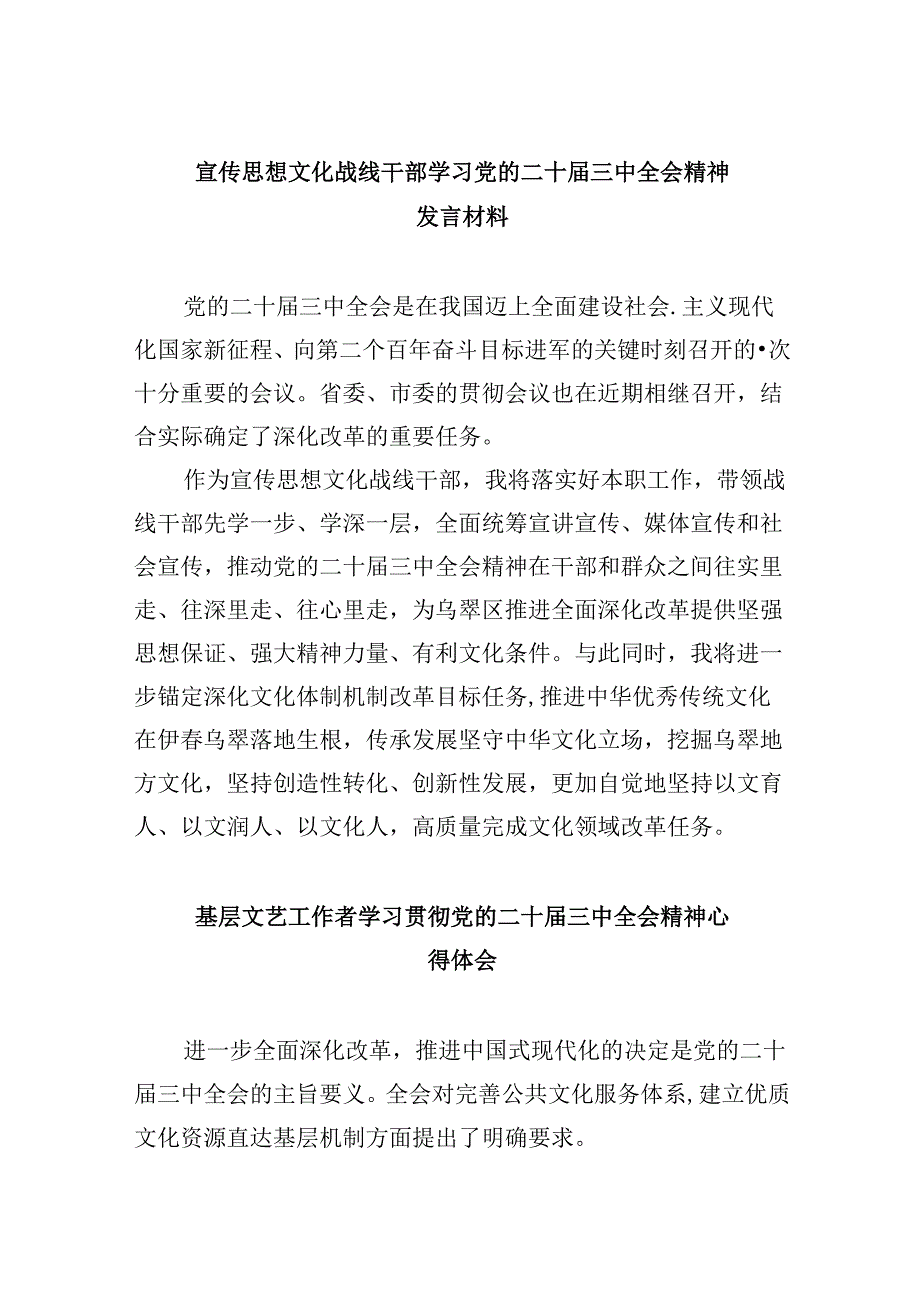 （9篇）宣传思想文化战线干部学习党的二十三中全会精神发言材料（精选）.docx_第1页
