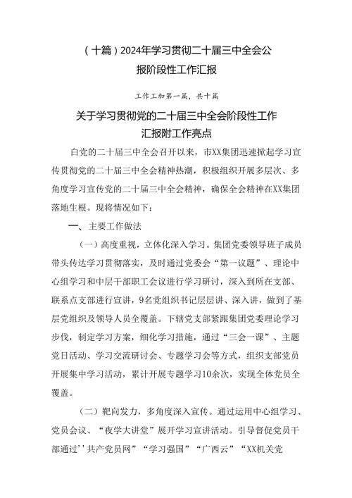 （十篇）2024年学习贯彻二十三中全会公报阶段性工作汇报.docx