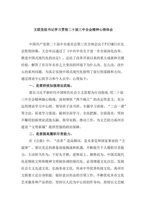 （9篇）文联党组书记学习贯彻二十三中全会精神心得体会范文.docx
