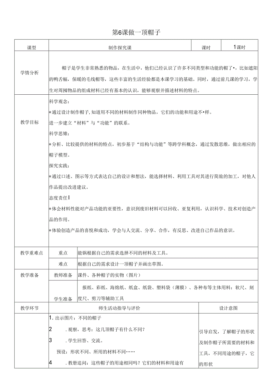 （2024）科教版科学二年级上册《做一顶帽子》教案.docx_第1页