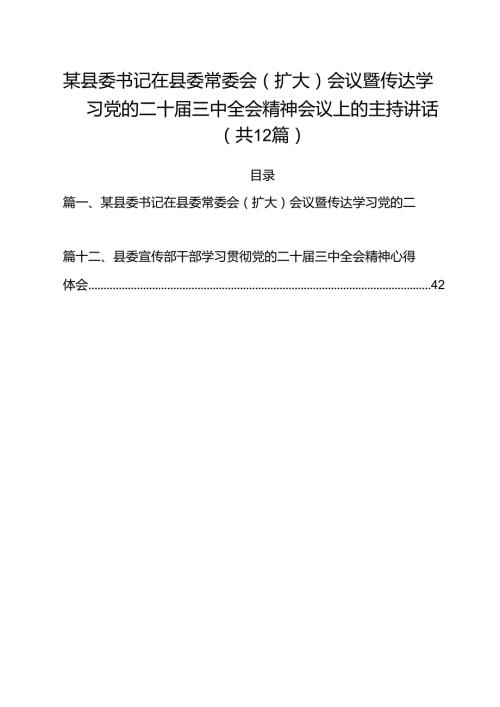 某县委书记在县委常委会（扩大）会议暨传达学习党的二十三中全会精神会议上的主持讲话12篇（最新版）.docx