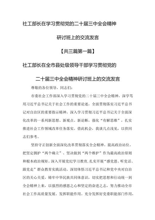 （3篇）社工部长在学习贯彻党的二十三中全会精神研讨班上的交流发言.docx