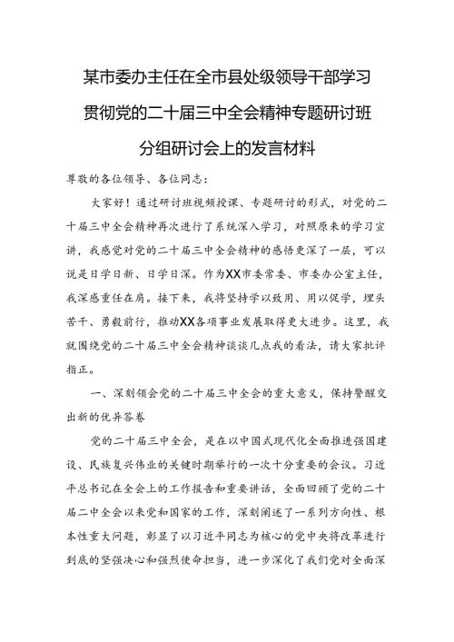 某市委办主任在全市县处级领导干部学习贯彻党的二十三中全会精神专题研讨班分组研讨会上的发言材料.docx