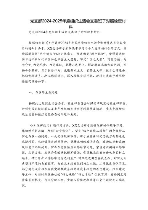 党支部20242025组织生活会支委班子对照检查材料.docx