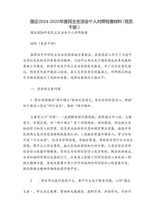 国企20242025民主生活会个人对照检查材料（党员干部）.docx