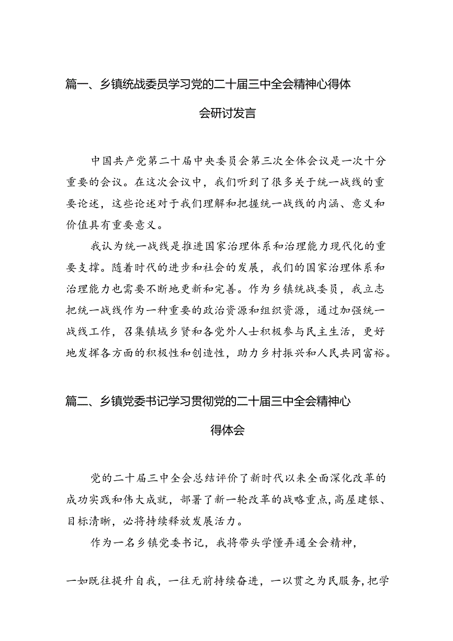 （15篇）乡镇统战委员学习党的二十三中全会精神心得体会研讨发言范文.docx_第2页