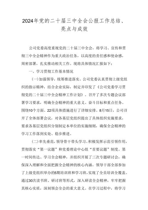 2024年党的二十三中全会公报工作总结、亮点与成效.docx