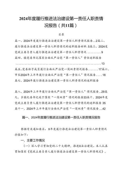 (11篇)2024履行推进法治建设第一责任人职责情况报告范文.docx
