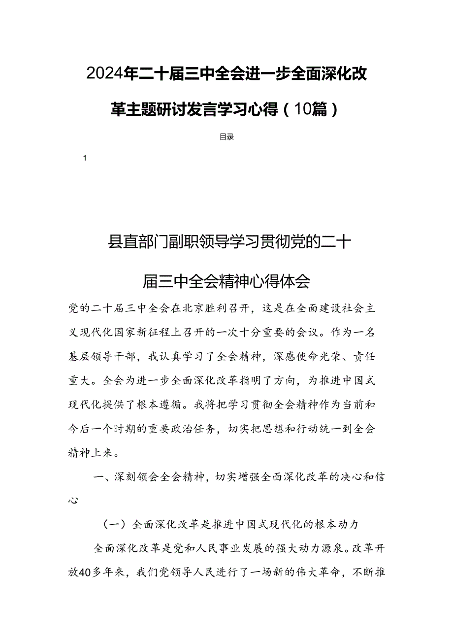 2024年二十三中全会进一步全面深化改革主题研讨发言学习心得（10篇）.docx_第1页