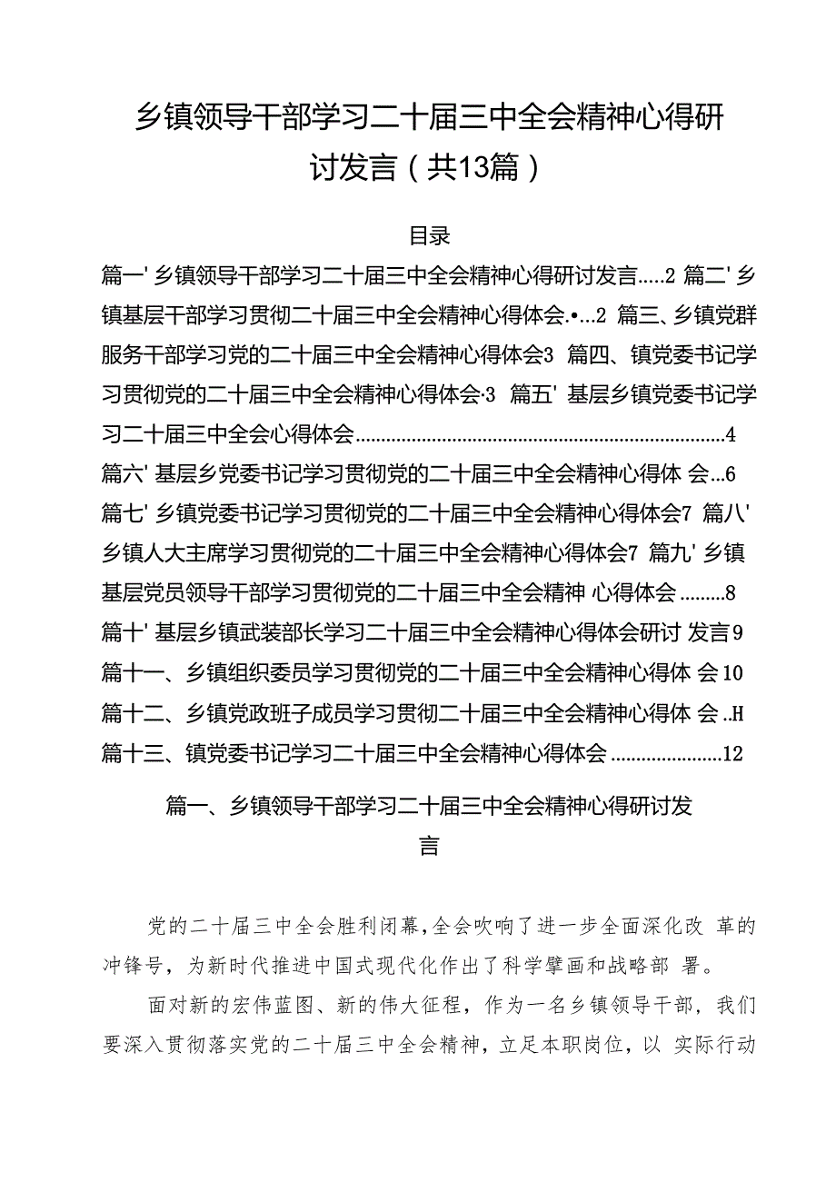 （13篇）乡镇领导干部学习二十三中全会精神心得研讨发言范文.docx_第1页