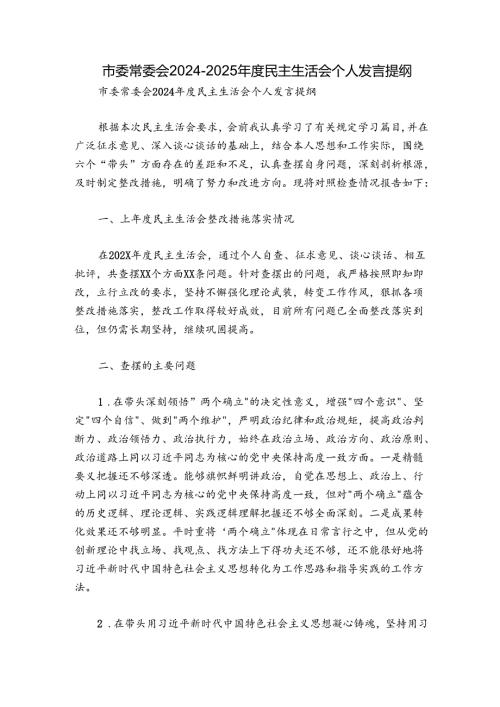 市委常委会20242025民主生活会个人发言提纲.docx