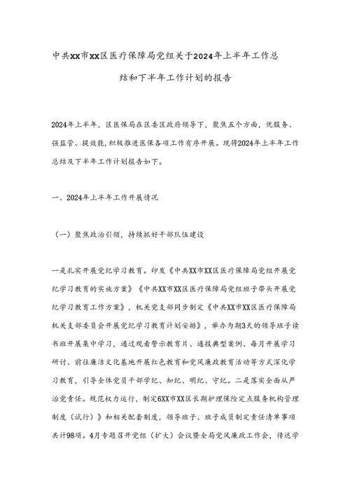 中共XX市XX区医疗保障局党组关于2024年上半年工作总结和下半年工作计划的报告.docx