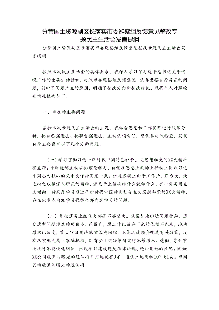 分管国土资源副区长落实市委巡察组反馈意见整改专题民主生活会发言提纲.docx_第1页